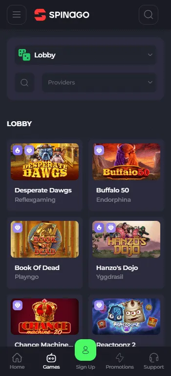 Spinago Casino games area on a mobile device