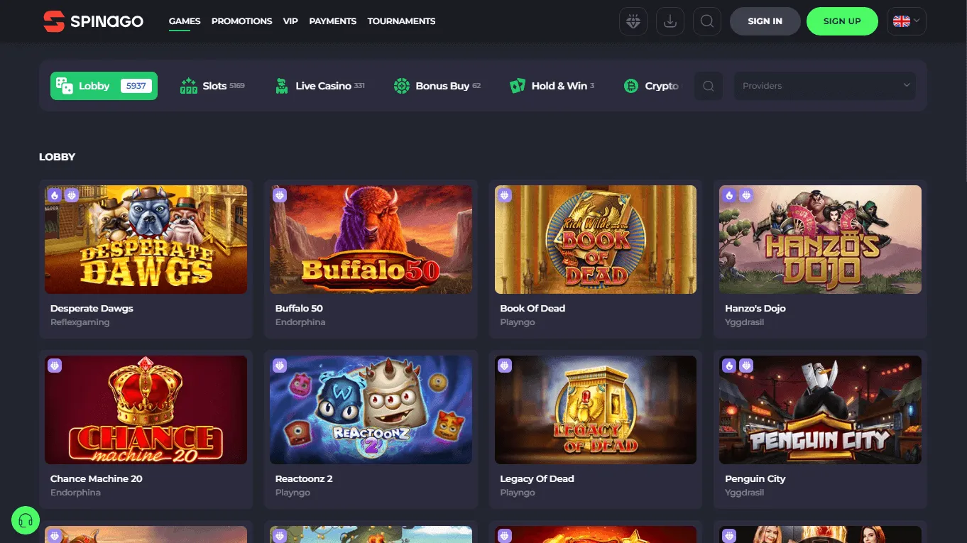 Spinago Casino games area on desktop