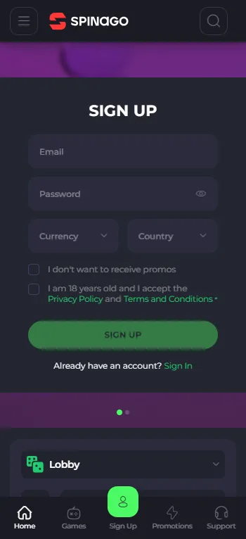 Spinago Casino home page on a mobile device
