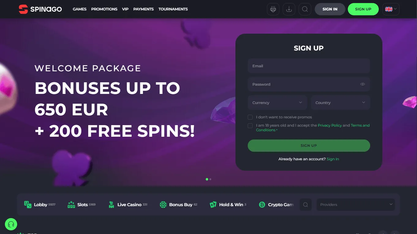 Spinago Casino home page on desktop
