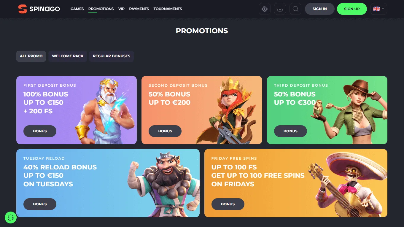 Spinago Casino promotions area on desktop