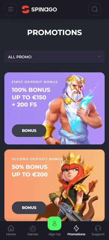 Spinago Casino promotions area on a mobile device